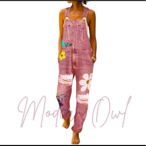 New! Custom Handmade Pink Flower Denim Classic Jean Designer Overalls - Picture 2 of 4